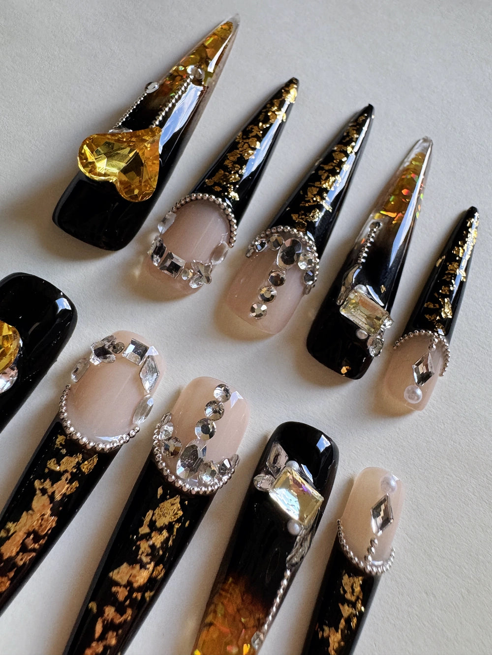 Hand Drawn Elaborate Night Witch Black Style Flowing Sand Nail Art