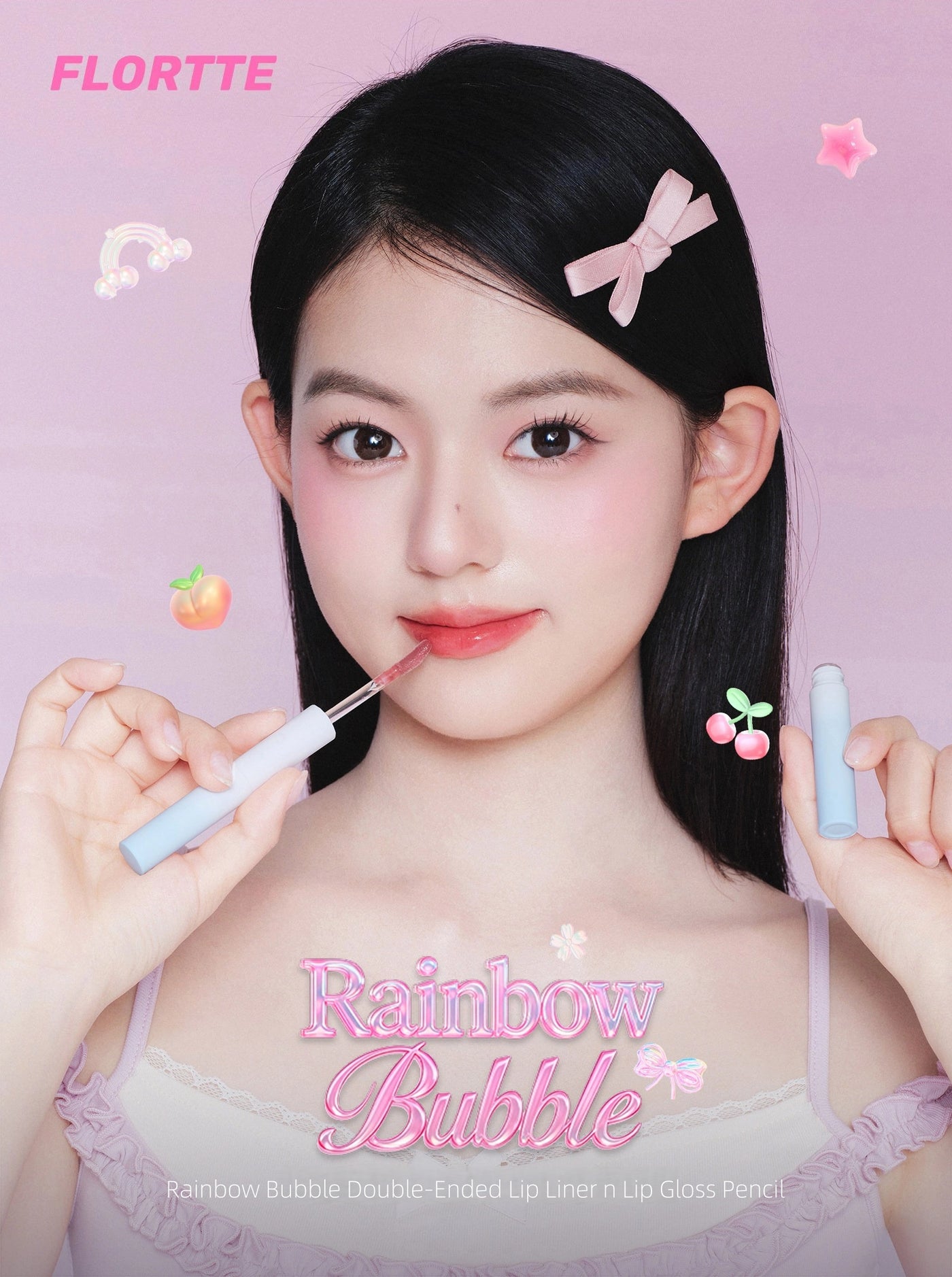 Flortte - Rainbow Bubble Double-Ended Lip Liner n Lip Gloss Pencil 2.8g