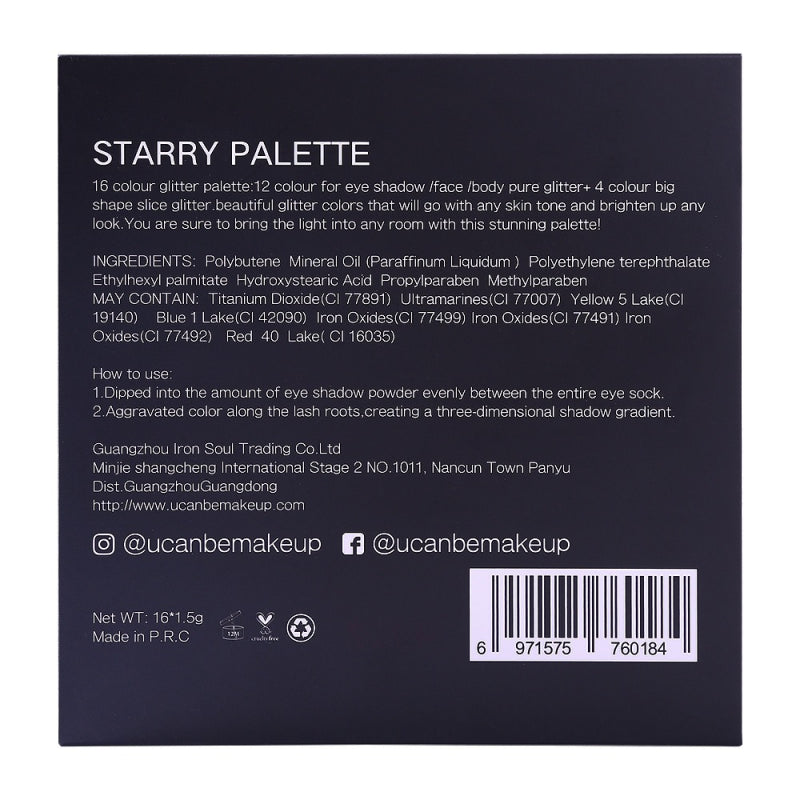 UCANBE 16 Colors Glitter Eyeshadow Starry Palette 16*1.5g